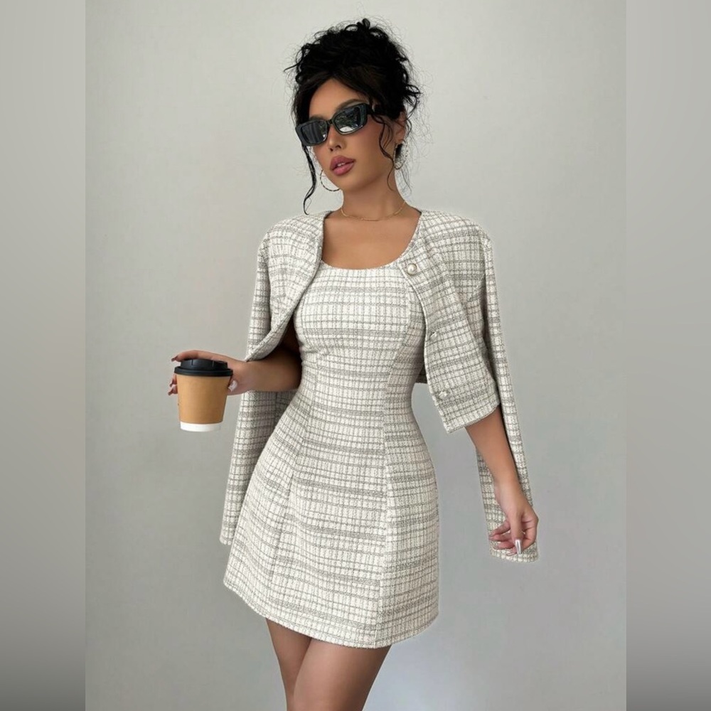 Elegant Cream Plaid Dress with Jacket